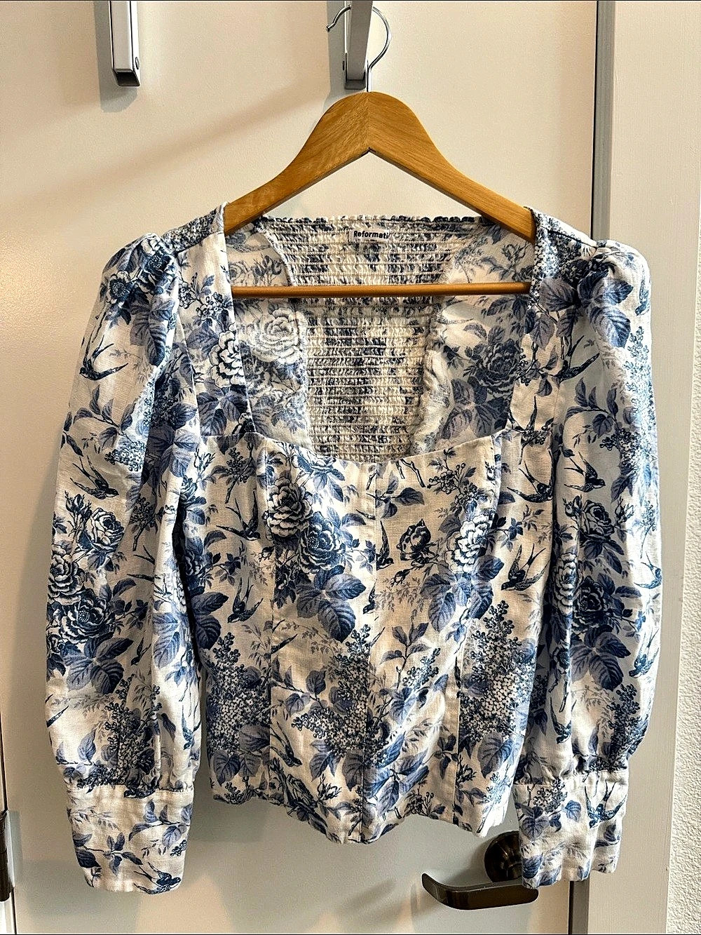 Reformation Stilton Linen Top Floral Blouse in Blue & White